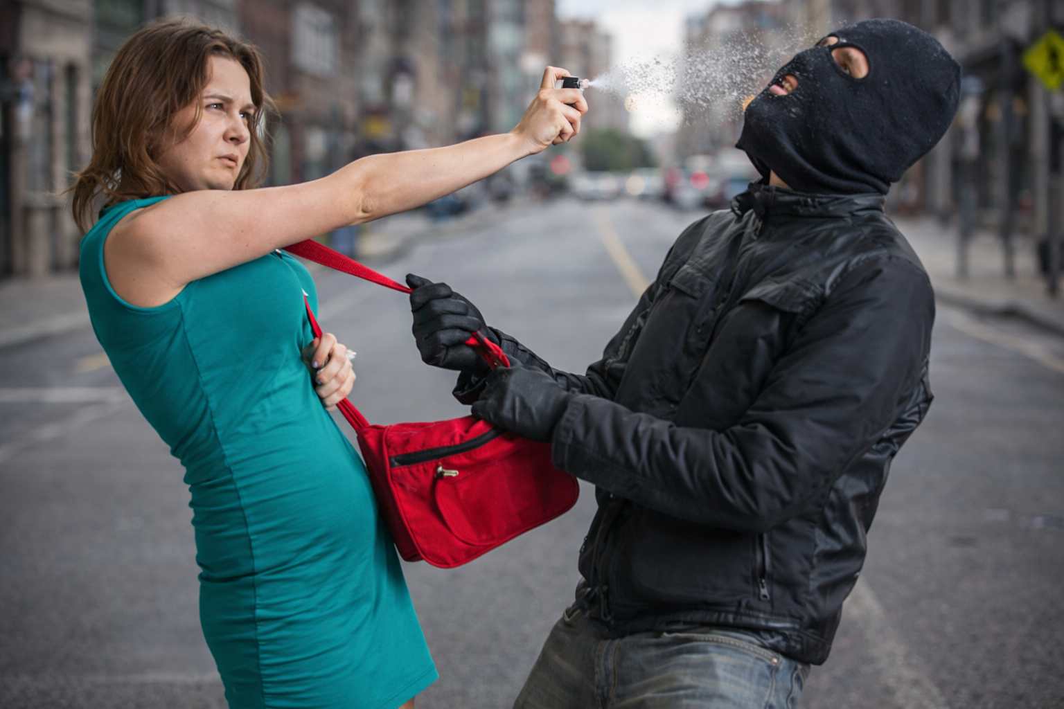 Non-Lethal Pepper Spray Defensive stance on a city street