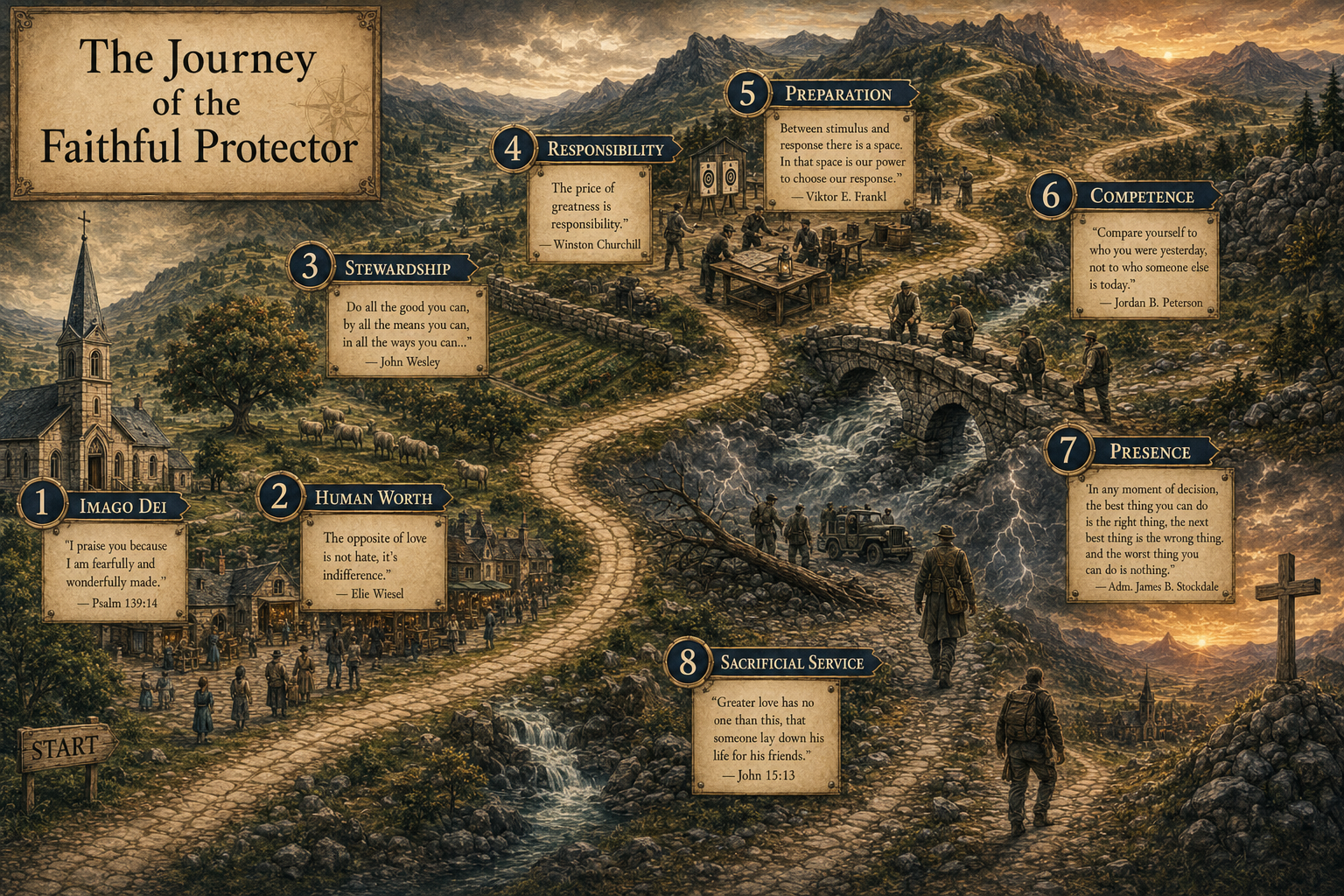 Vintage illustrated map tracing the eight stages of the faithful protector’s journey from Imago Dei through Sacrificial Service.